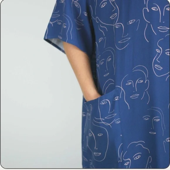 Corey Lynn Calter Blue Cream Selena Portrait Face Print Oversized Mini Dress  OS